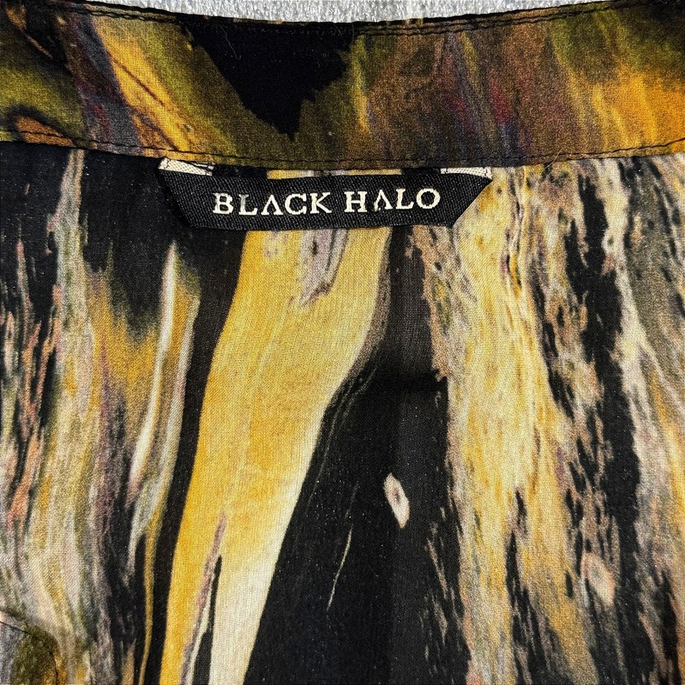 Black Halo Sheer Watercolor Blouson Sheath Dress Black Mustard Women 12 - Picture 8 of 9